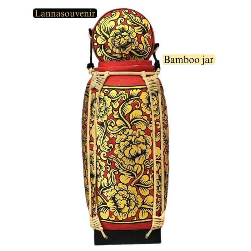 Handmade wood powder bowl styled bamboo jar with intricate yellow floral patterns by One-Sake.com