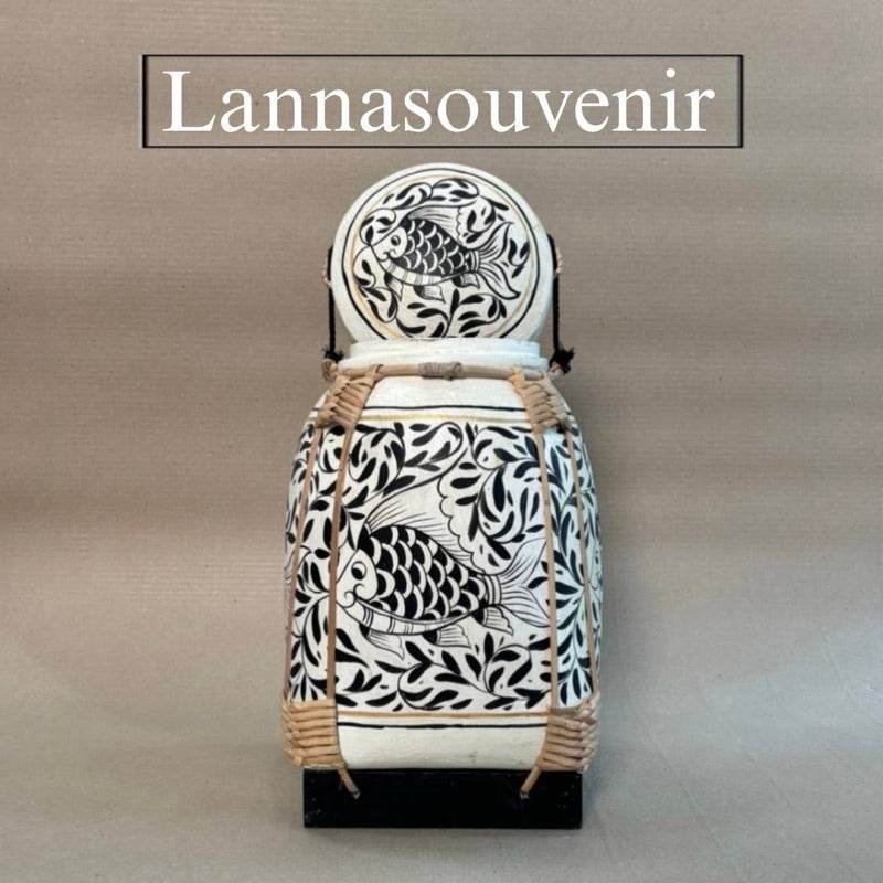 Handmade wood powder bowl with black and white fish design and woven accents from One-Sake.com