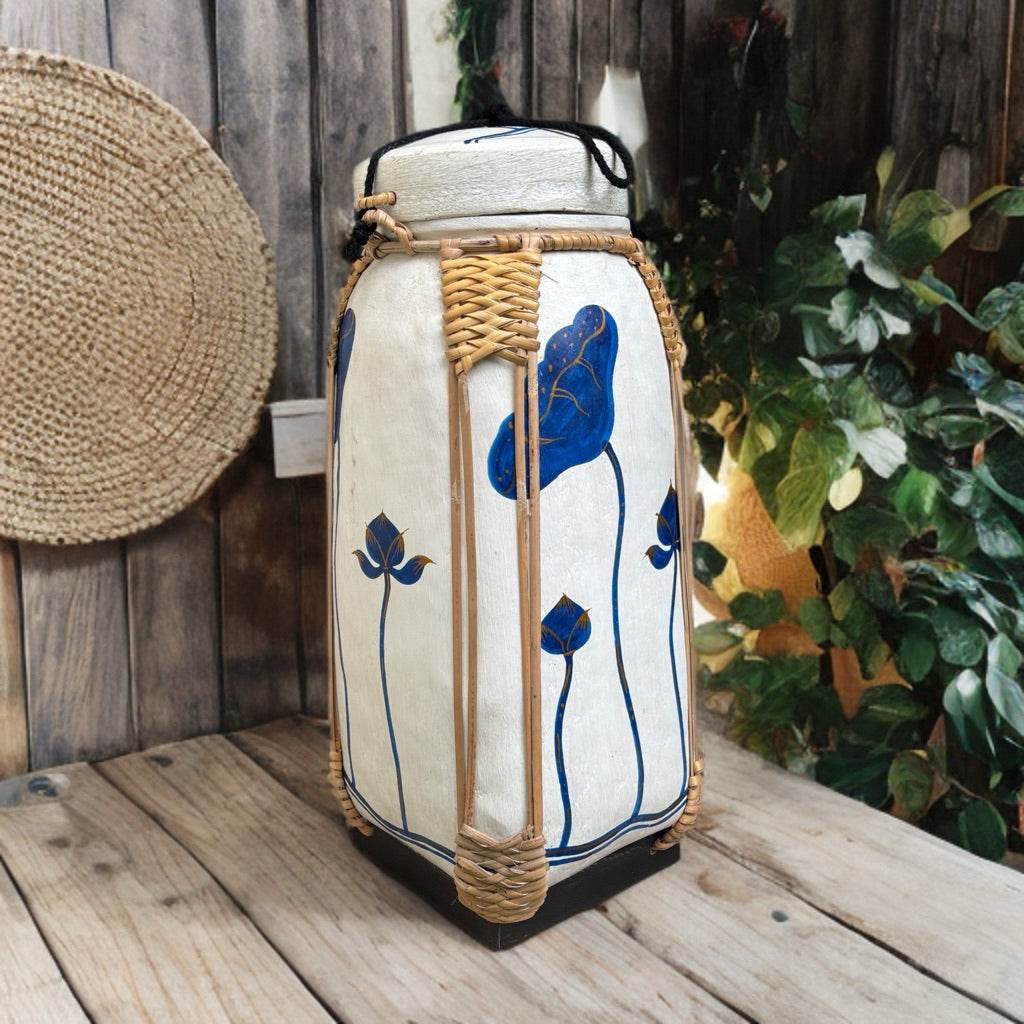 Handmade wood powder bowl with blue floral design and woven rattan accents for home decor