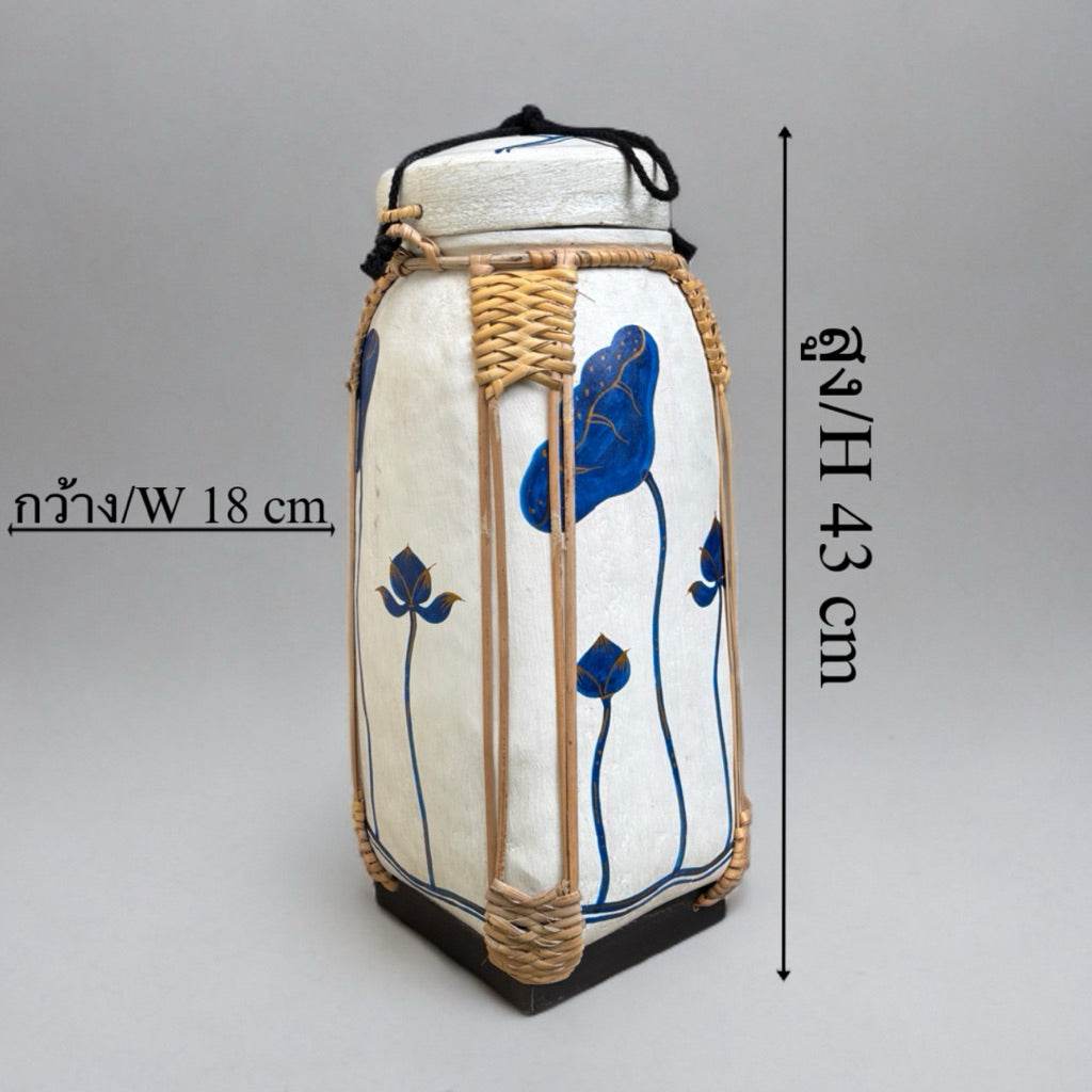 Handmade wood powder bowl with blue floral design and woven rattan frame measuring 43 cm height