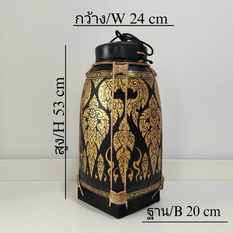 Lanna style bamboo rice box with gold traditional patterns and black base measuring 53 cm tall
