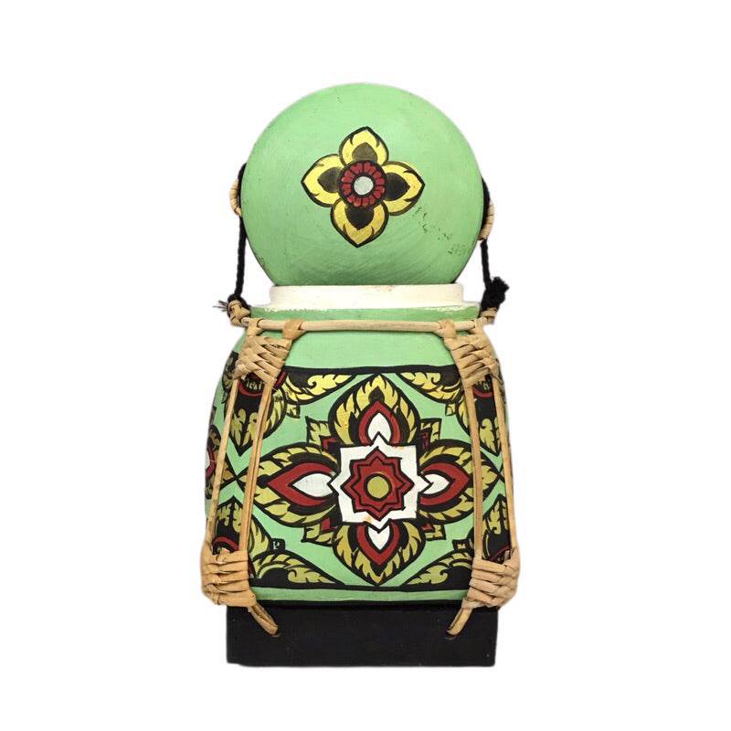 Lanna style bamboo rice box with green and yellow traditional floral design from One-Sake.com