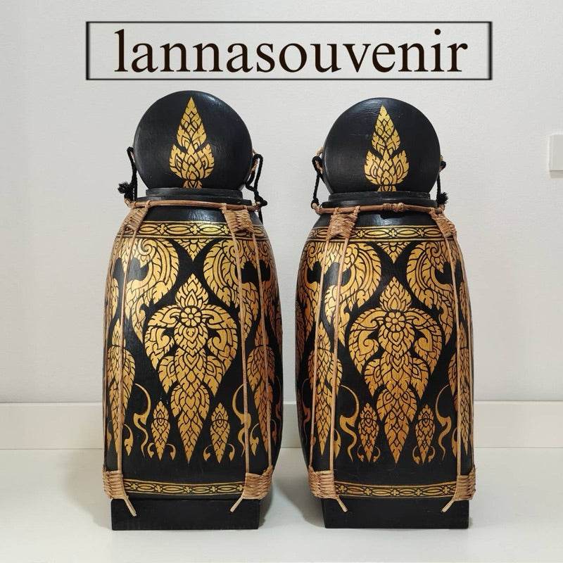 Lanna style bamboo rice box with intricate gold floral patterns and black base from One-Sake.com