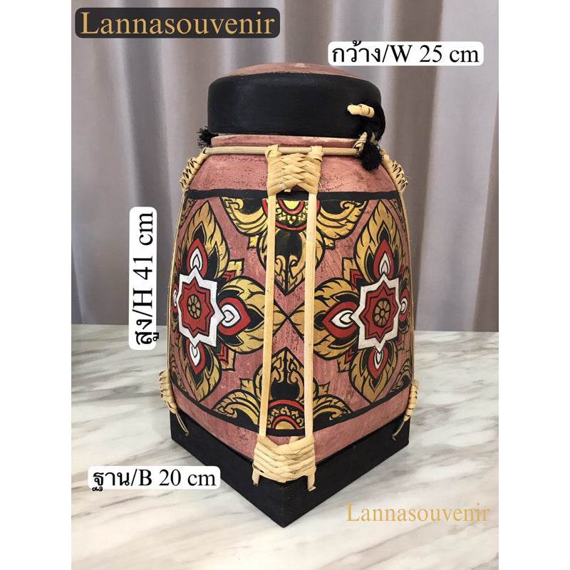 Lanna style bamboo rice box with traditional floral patterns measuring 41 cm high and 25 cm wide