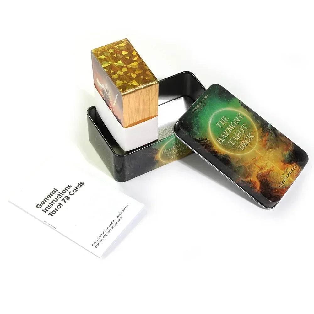 The Harmony Tarot Deck - 78 Gold-Edged Cards in Protective Metal Tin Case, Premium High-Frequency Art Stock Classic Divination Matrix, Portable Self-Care Mindfulness Esoteric Talisman Gift