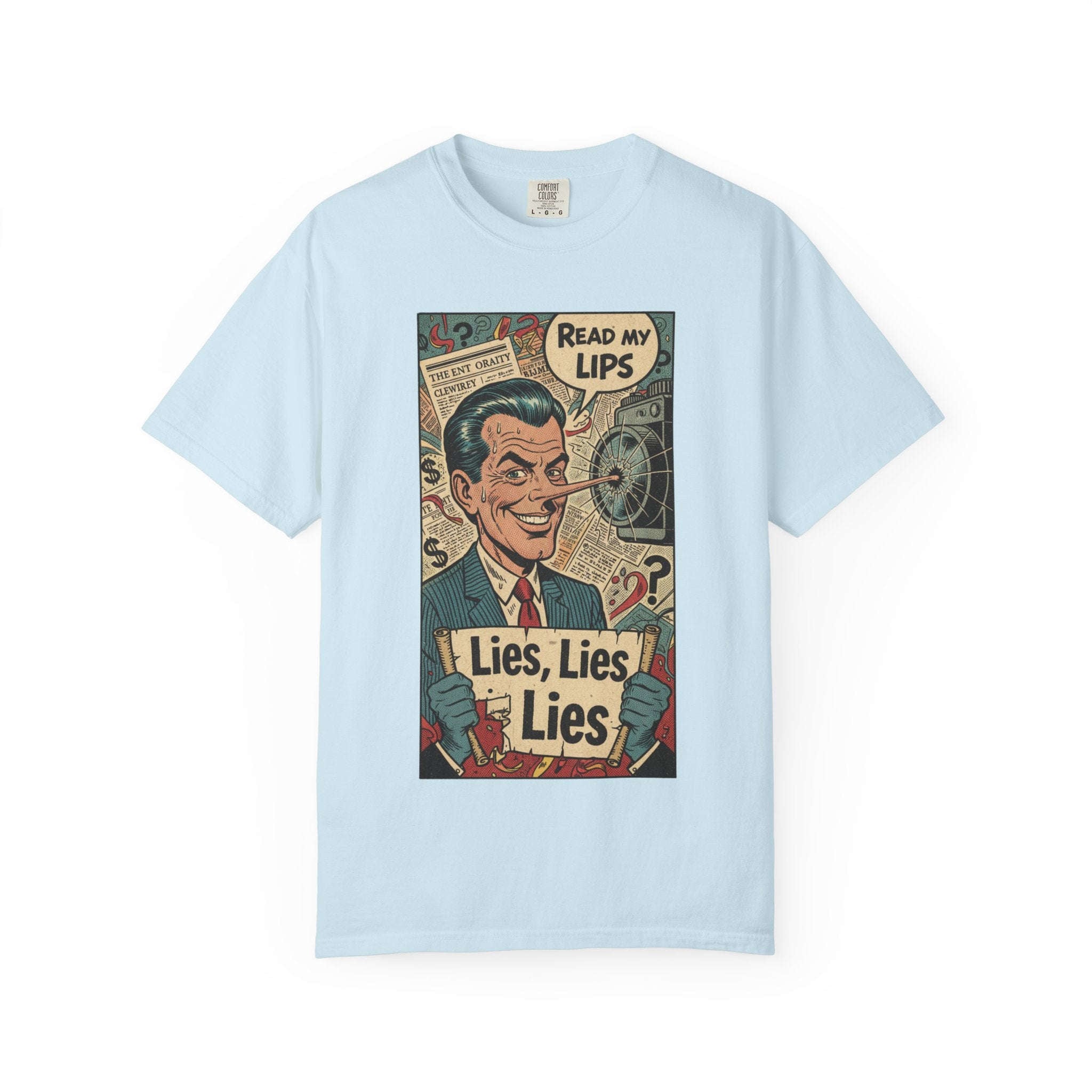 Lies Lies Lies T-Shirt - Read My Lips Satire Tee - Funny Pinocchio Political Shirt - Vintage Comic Graphic - Sarcastic Truth Tee Chambray