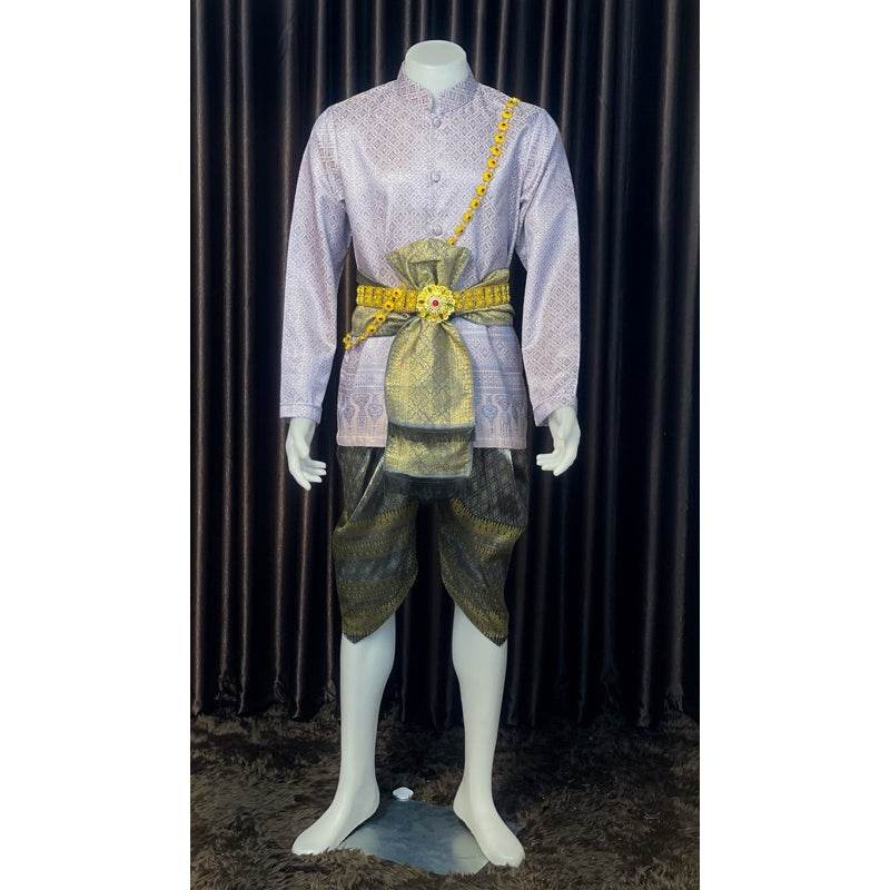 Thai Men's Wedding Outfit - Light Blue Traditional Costume Set with Long Sleeve Jacket & Sarong | Custom Size for Grooms, Events & Ceremonies One-Sake.com Only set / Inform the size of the seller Necklace + middle belt / Inform the size of the seller Only set / Inform the size of the seller-Necklace + middle belt / Inform the size of the seller-