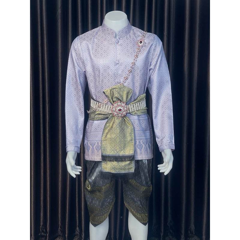 Thai Men's Wedding Outfit - Light Blue Traditional Costume Set with Long Sleeve Jacket & Sarong | Custom Size for Grooms, Events & Ceremonies One-Sake.com Only set / Inform the size of the seller Necklace + middle belt / Inform the size of the seller Only set / Inform the size of the seller-Necklace + middle belt / Inform the size of the seller-