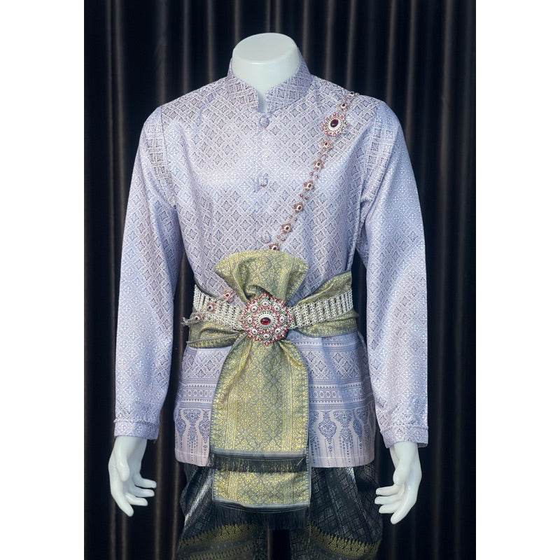 Thai Men's Wedding Outfit - Light Blue Traditional Costume Set with Long Sleeve Jacket & Sarong | Custom Size for Grooms, Events & Ceremonies One-Sake.com Only set / Inform the size of the seller Necklace + middle belt / Inform the size of the seller Only set / Inform the size of the seller-Necklace + middle belt / Inform the size of the seller-