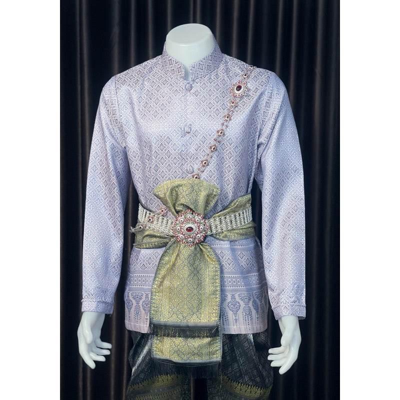 Thai Men's Wedding Outfit - Custom Light Blue Traditional Costume Set with Long Sleeve Jacket & Sarong for Grooms, Events & Ceremonies