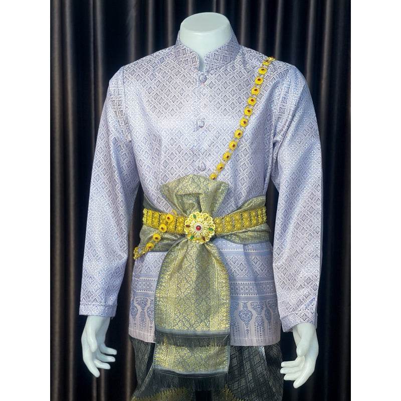 Thai Men's Wedding Outfit - Light Blue Traditional Costume Set with Long Sleeve Jacket & Sarong | Custom Size for Grooms, Events & Ceremonies One-Sake.com Only set / Inform the size of the seller Necklace + middle belt / Inform the size of the seller Only set / Inform the size of the seller-Necklace + middle belt / Inform the size of the seller-