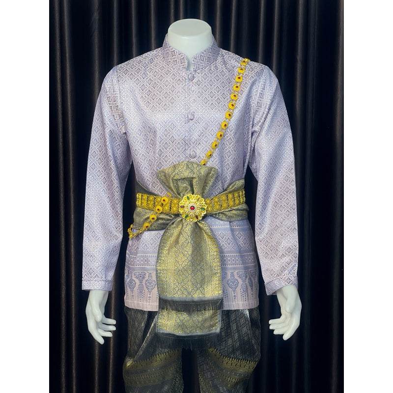 Thai Men's Wedding Outfit - Light Blue Traditional Costume Set with Long Sleeve Jacket & Sarong | Custom Size for Grooms, Events & Ceremonies One-Sake.com Only set / Inform the size of the seller Necklace + middle belt / Inform the size of the seller Only set / Inform the size of the seller-Necklace + middle belt / Inform the size of the seller-