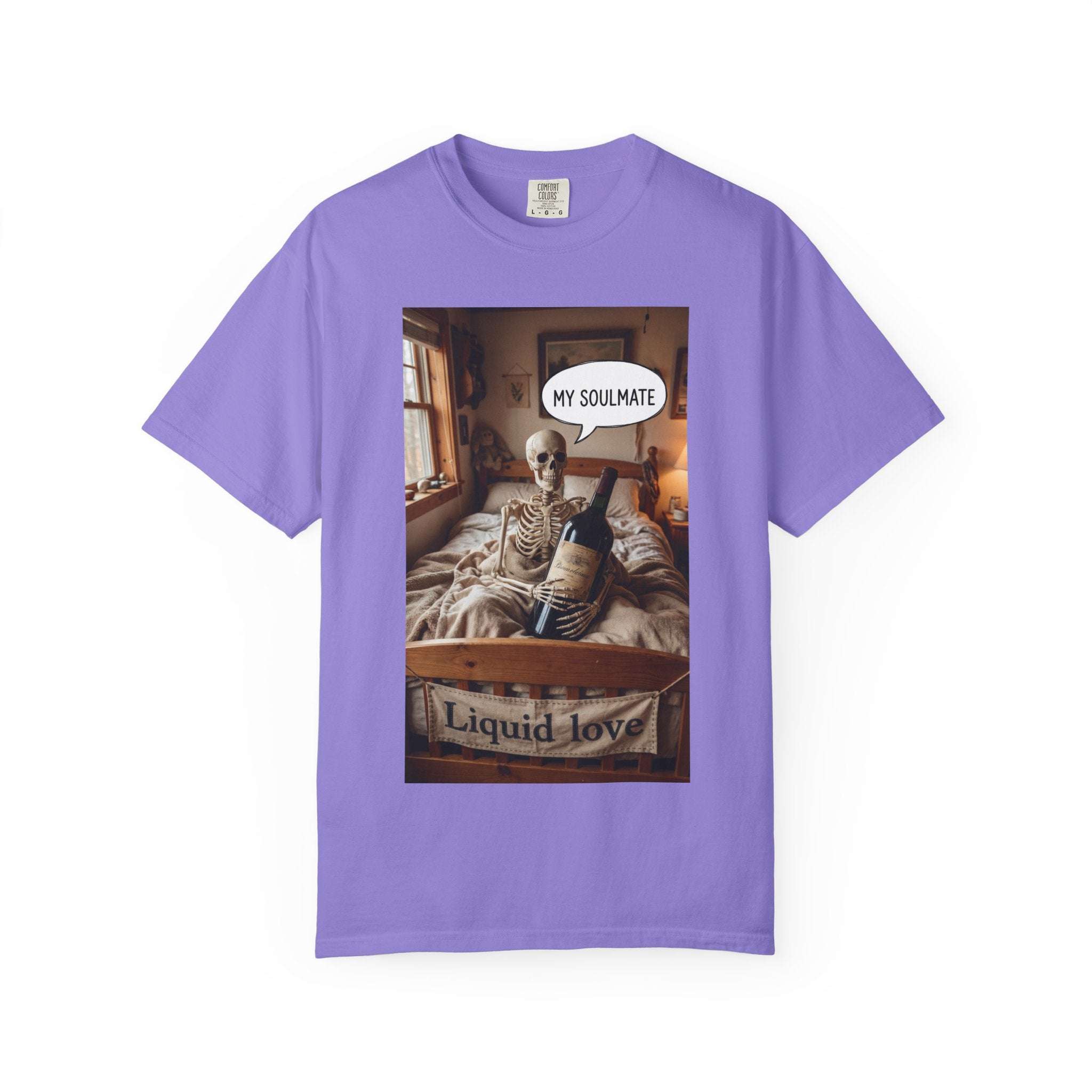 Liquid Love Skeleton Wine Shirt - Funny Soulmate Gift - Dark Humor T-Shirt - Gothic Cottagecore Graphic Tee - Sarcastic Wine Enthusiast Apparel Violet