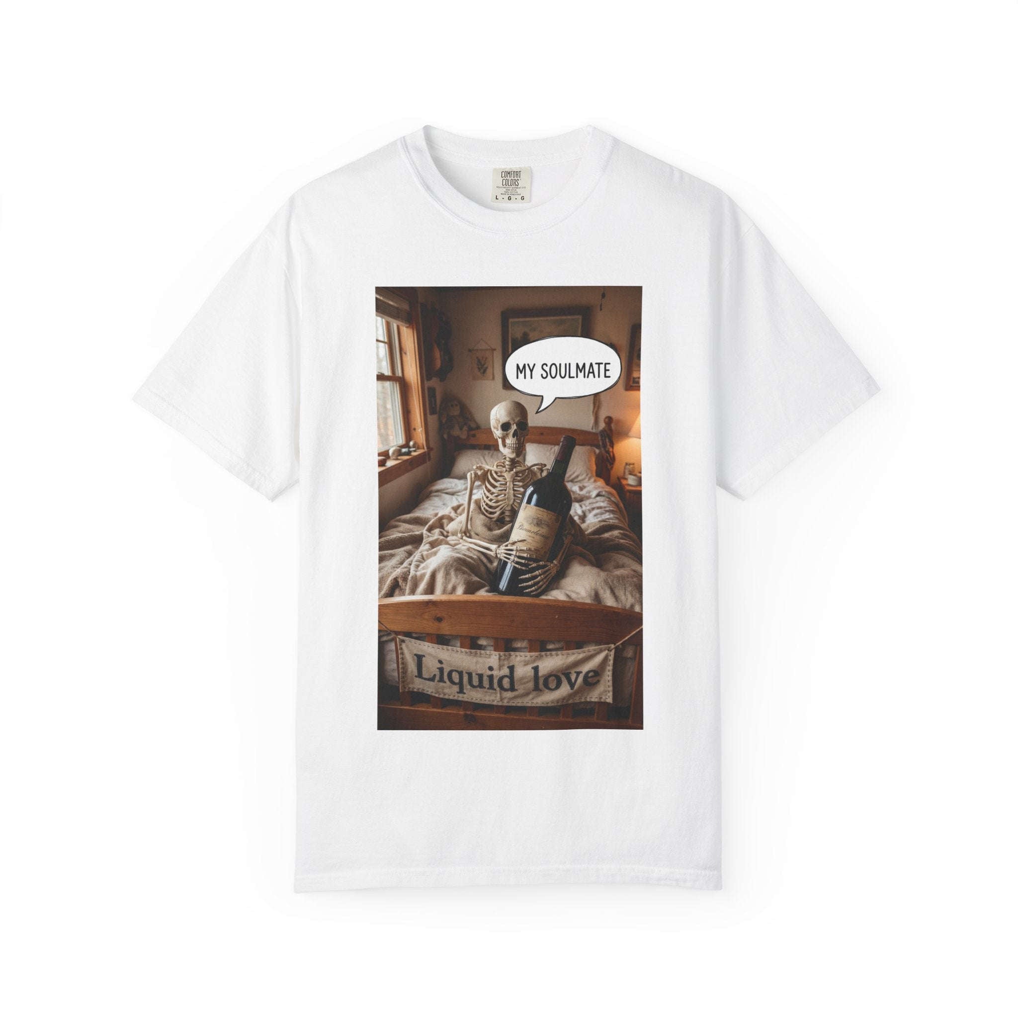 Liquid Love Skeleton Wine Shirt - Funny Soulmate Gift - Dark Humor T-Shirt - Gothic Cottagecore Graphic Tee - Sarcastic Wine Enthusiast Apparel White
