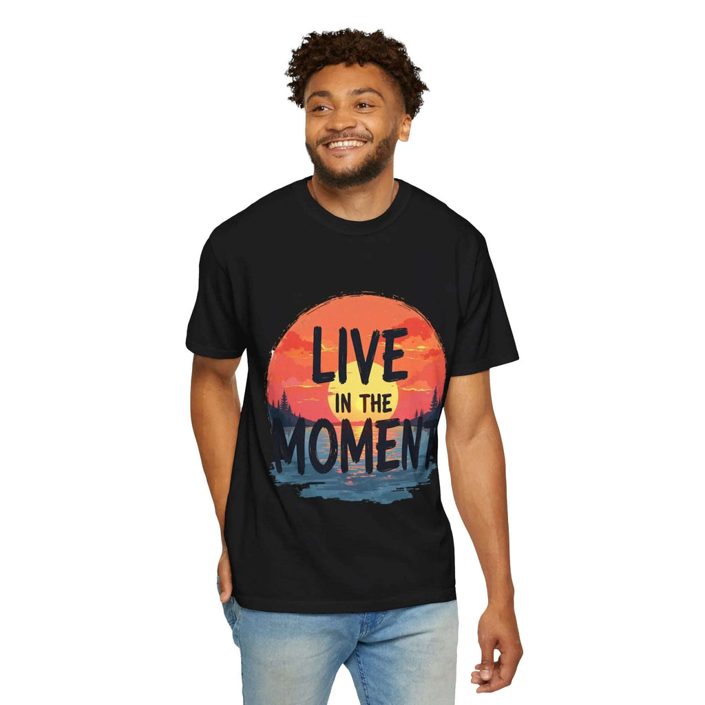 Live in the Moment Shirt, Sunset Lake Silhouette Tee, Inspirational Quote T-Shirt, Mindfulness Nature Graphic, Camping Hiking Gift Black