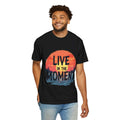 Live in the Moment Shirt, Sunset Lake Silhouette Tee, Inspirational Quote T-Shirt, Mindfulness Nature Graphic, Camping Hiking Gift Black