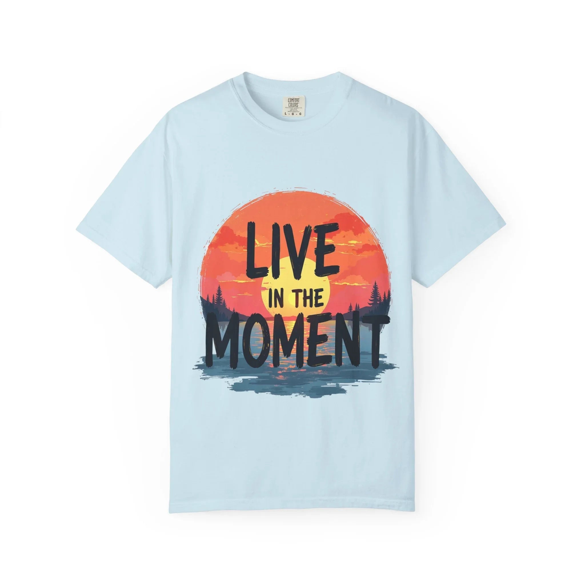 Live in the Moment Shirt, Sunset Lake Silhouette Tee, Inspirational Quote T-Shirt, Mindfulness Nature Graphic, Camping Hiking Gift Chambray