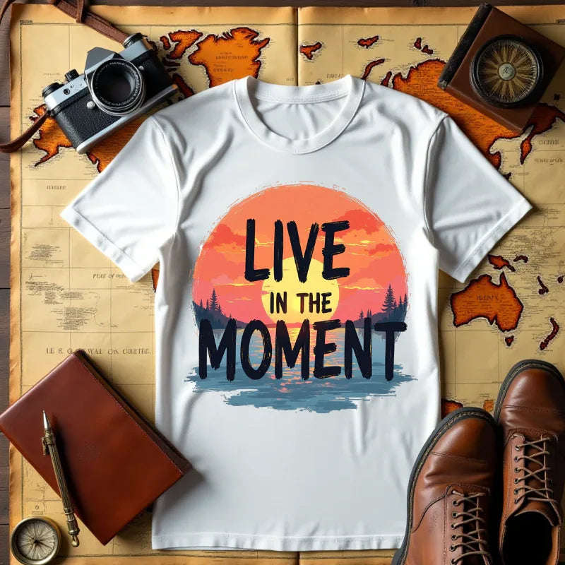Live in the Moment Shirt, Sunset Lake Silhouette Tee, Inspirational Quote T-Shirt, Mindfulness Nature Graphic, Camping Hiking Gift White