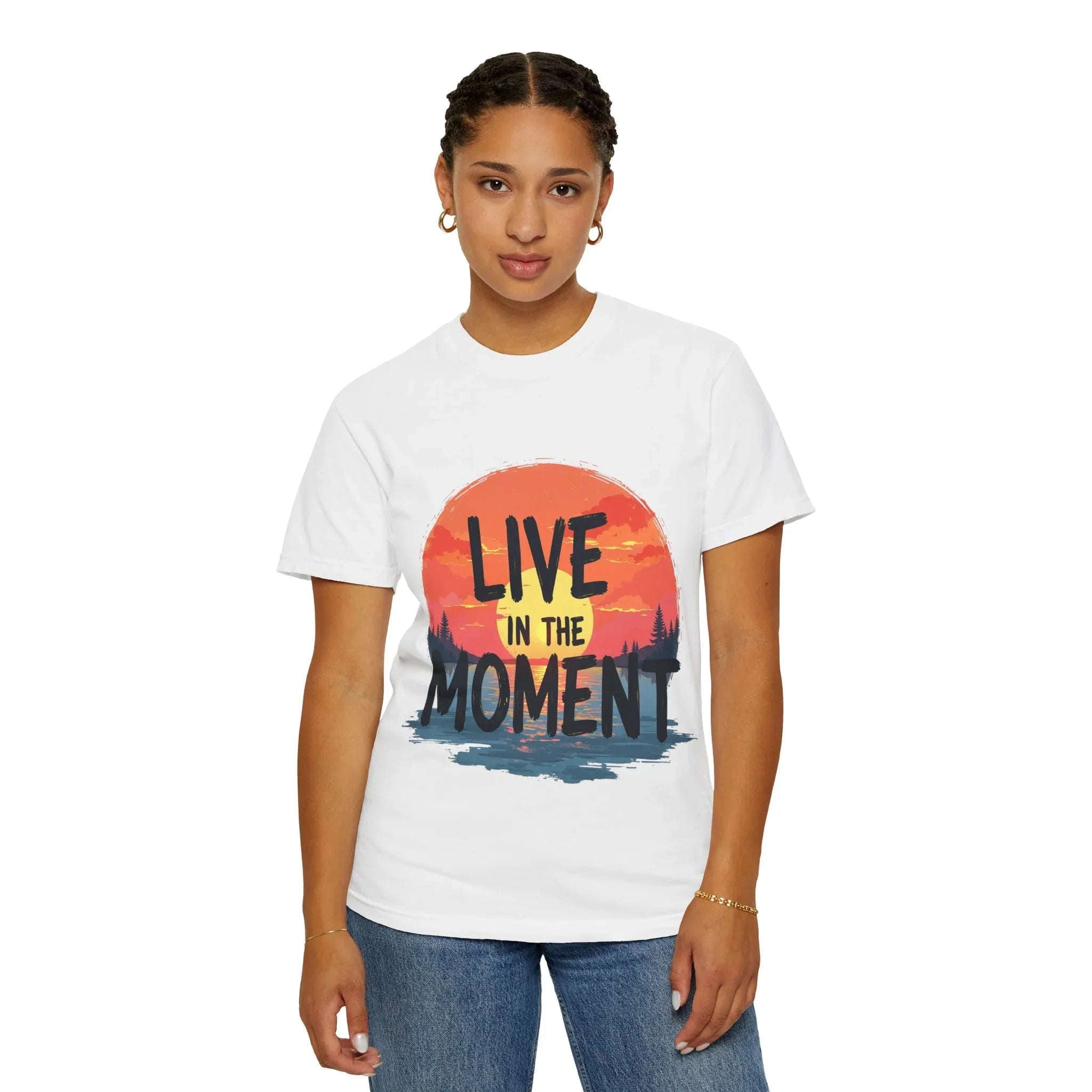 Live in the Moment Shirt, Sunset Lake Silhouette Tee, Inspirational Quote T-Shirt, Mindfulness Nature Graphic, Camping Hiking Gift