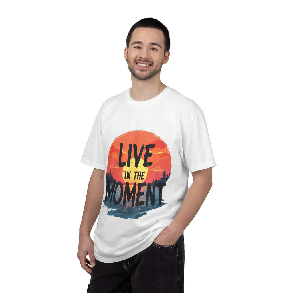 Live in the Moment Shirt, Sunset Lake Silhouette Tee, Inspirational Quote T-Shirt, Mindfulness Nature Graphic, Camping Hiking Gift