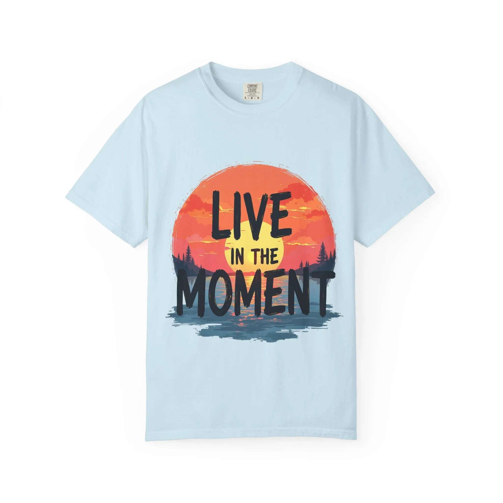 Live in the Moment Shirt, Sunset Lake Silhouette Tee, Inspirational Quote T-Shirt, Mindfulness Nature Graphic, Camping Hiking Gift Chambray
