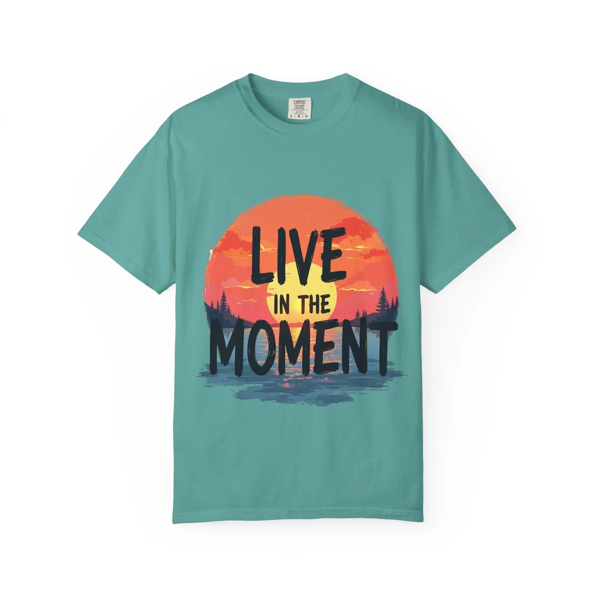 Live in the Moment Shirt, Sunset Lake Silhouette Tee, Inspirational Quote T-Shirt, Mindfulness Nature Graphic, Camping Hiking Gift Seafoam