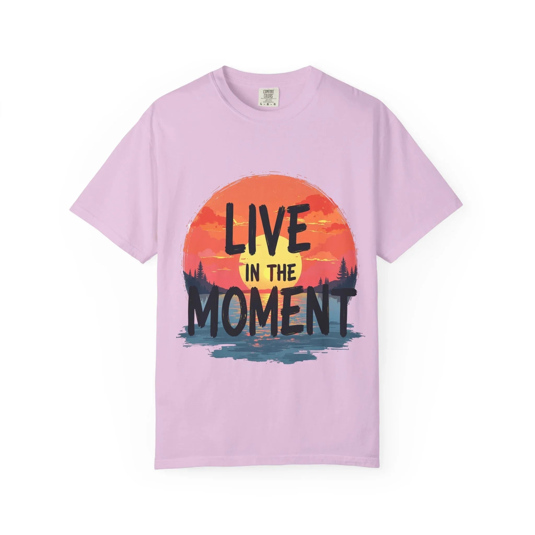 Live in the Moment Shirt, Sunset Lake Silhouette Tee, Inspirational Quote T-Shirt, Mindfulness Nature Graphic, Camping Hiking Gift Orchid