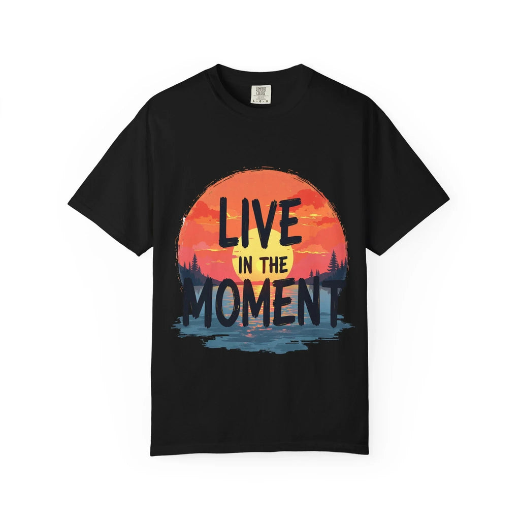 Live in the Moment Shirt, Sunset Lake Silhouette Tee, Inspirational Quote T-Shirt, Mindfulness Nature Graphic, Camping Hiking Gift