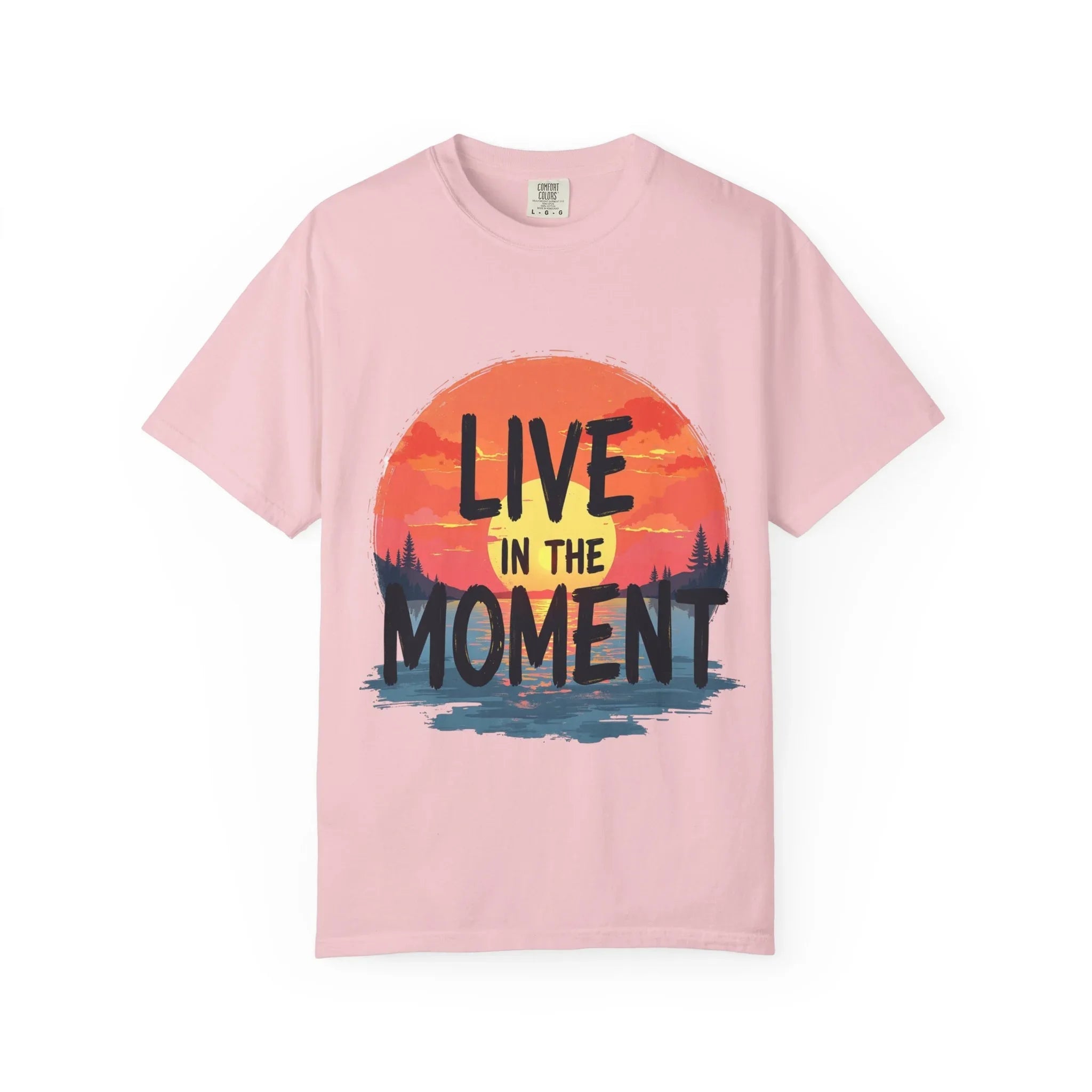 Live in the Moment Shirt, Sunset Lake Silhouette Tee, Inspirational Quote T-Shirt, Mindfulness Nature Graphic, Camping Hiking Gift