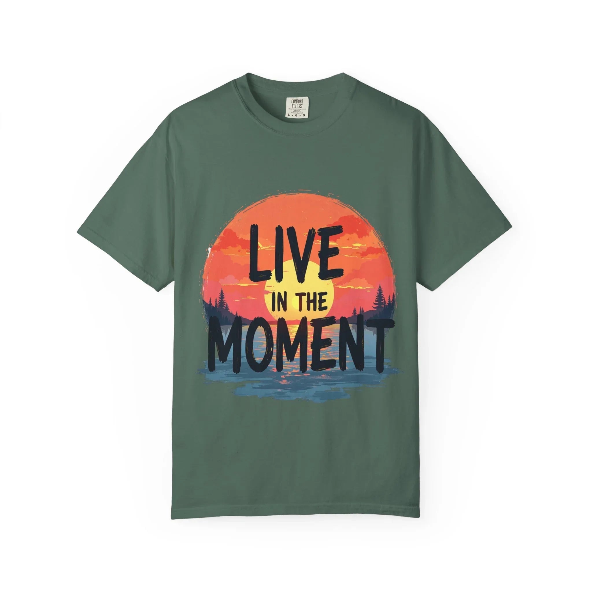 Live in the Moment Shirt, Sunset Lake Silhouette Tee, Inspirational Quote T-Shirt, Mindfulness Nature Graphic, Camping Hiking Gift Blue Spruce