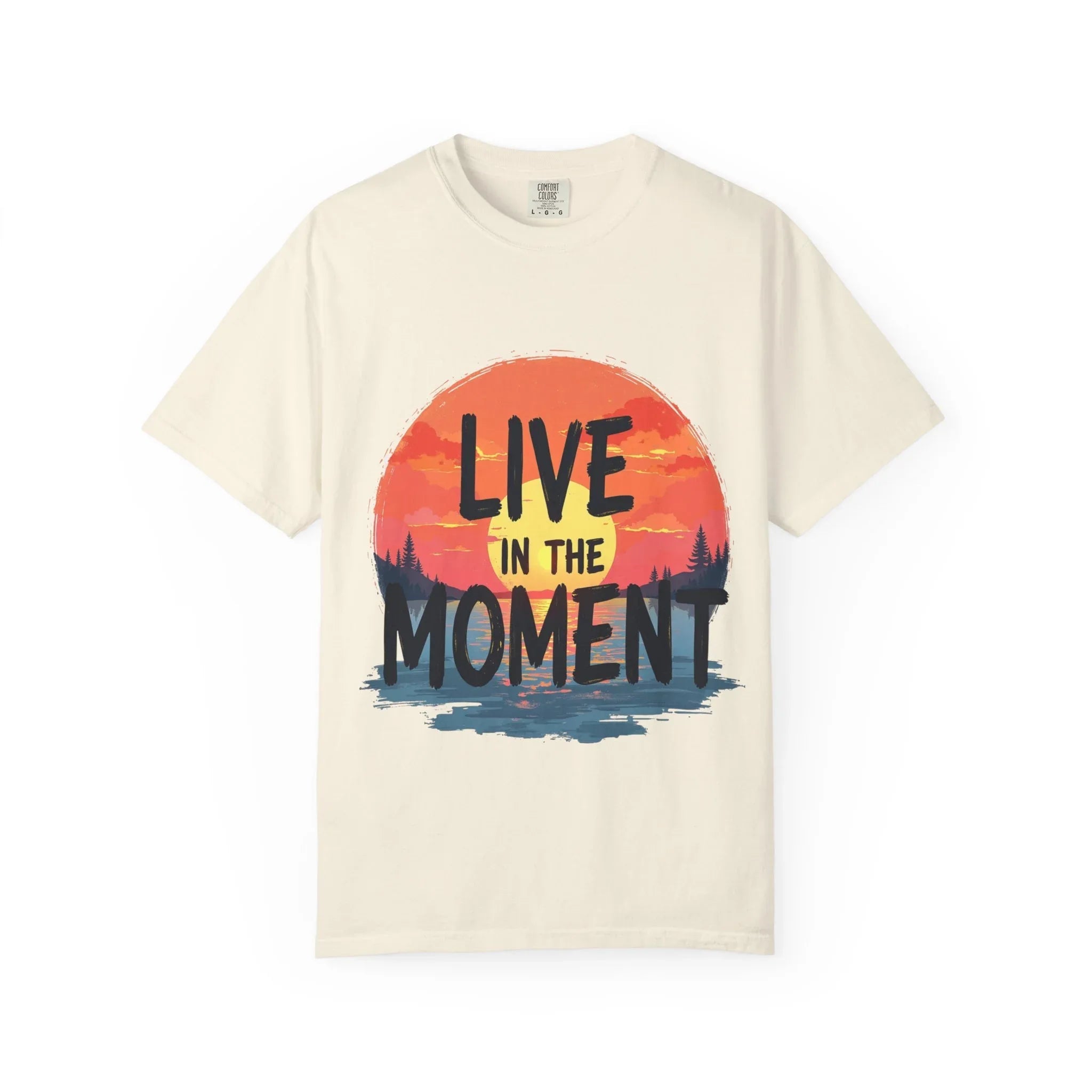 Live in the Moment Shirt, Sunset Lake Silhouette Tee, Inspirational Quote T-Shirt, Mindfulness Nature Graphic, Camping Hiking Gift Ivory