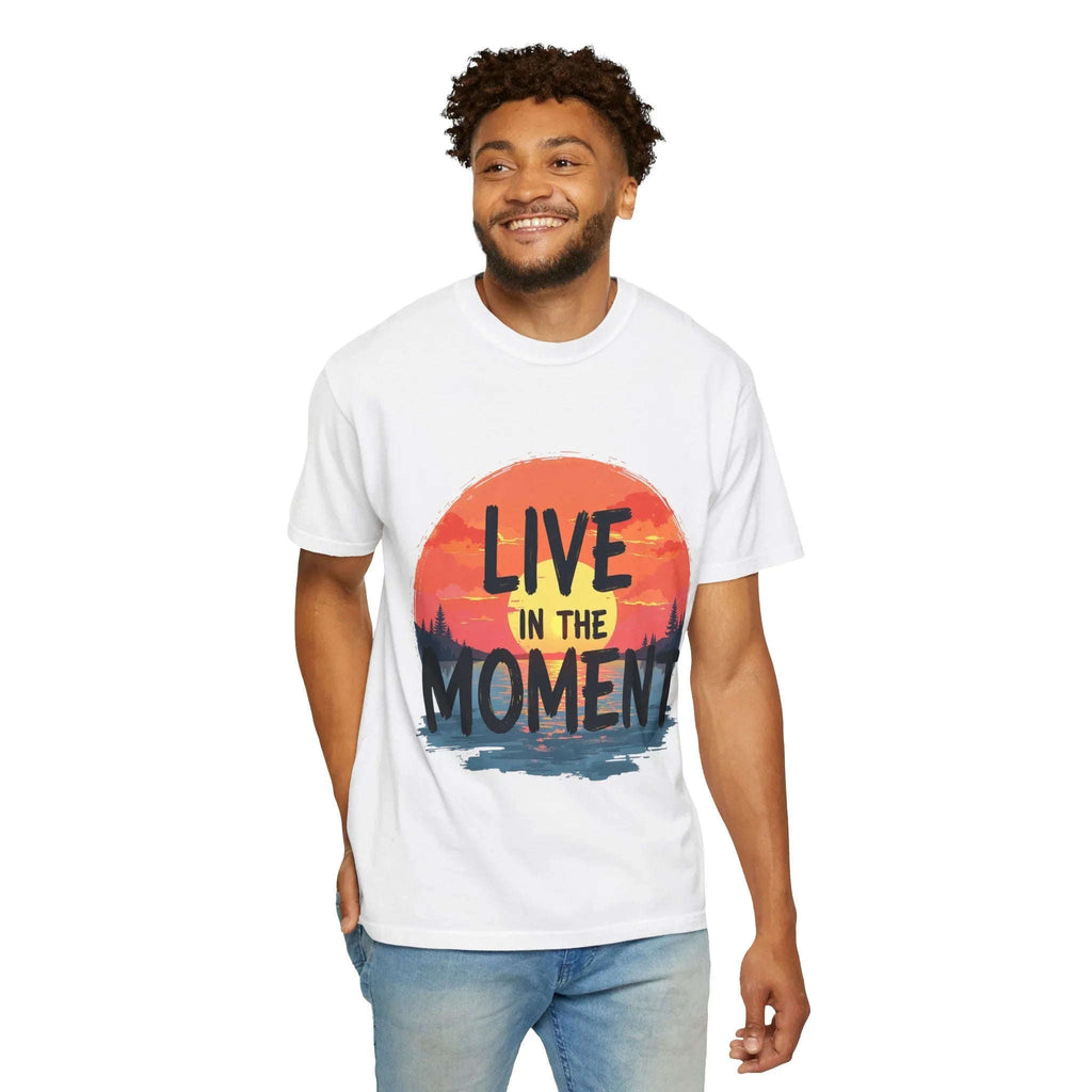Live in the Moment Shirt, Sunset Lake Silhouette Tee, Inspirational Quote T-Shirt, Mindfulness Nature Graphic, Camping Hiking Gift