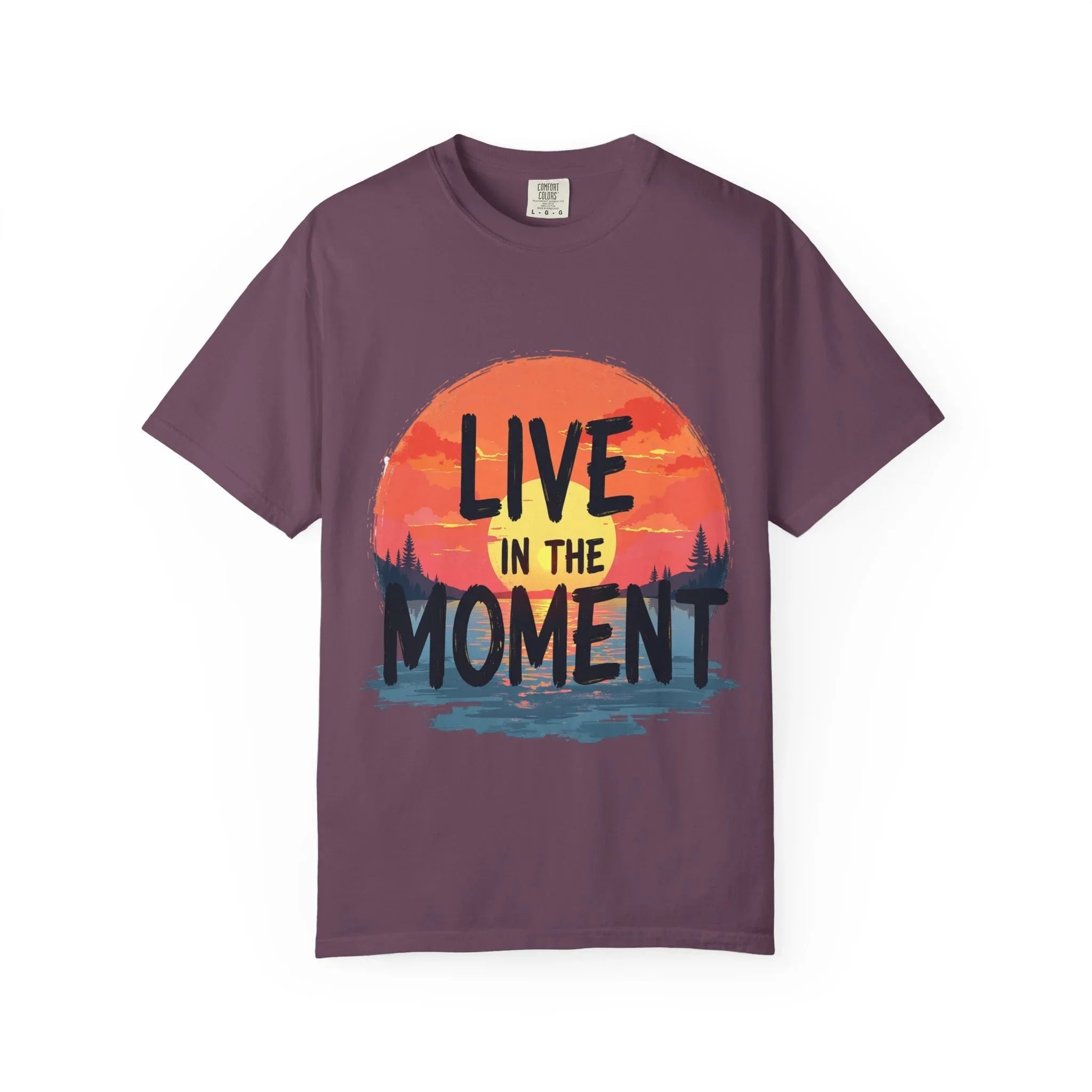 Live in the Moment Shirt, Sunset Lake Silhouette Tee, Inspirational Quote T-Shirt, Mindfulness Nature Graphic, Camping Hiking Gift Berry M