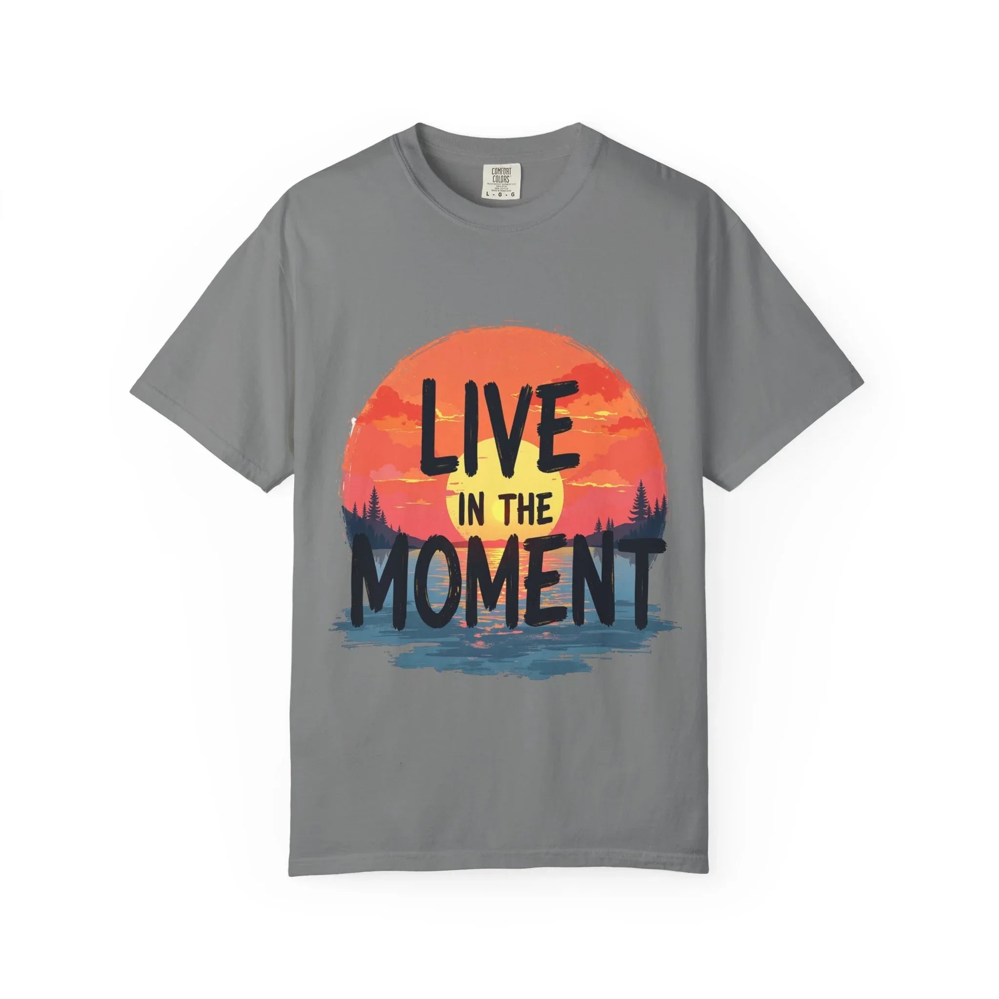 Live in the Moment Shirt, Sunset Lake Silhouette Tee, Inspirational Quote T-Shirt, Mindfulness Nature Graphic, Camping Hiking Gift Grey