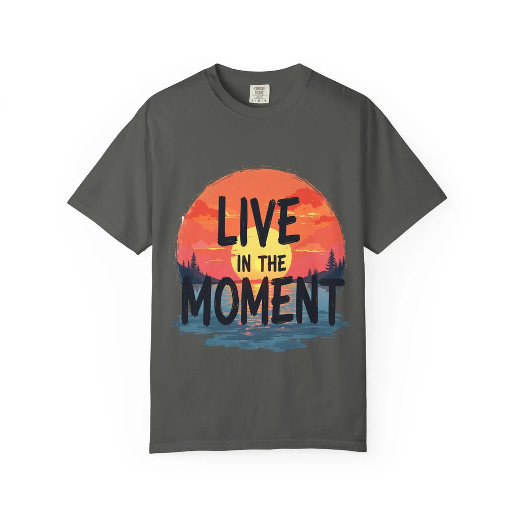 Live in the Moment Shirt, Sunset Lake Silhouette Tee, Inspirational Quote T-Shirt, Mindfulness Nature Graphic, Camping Hiking Gift