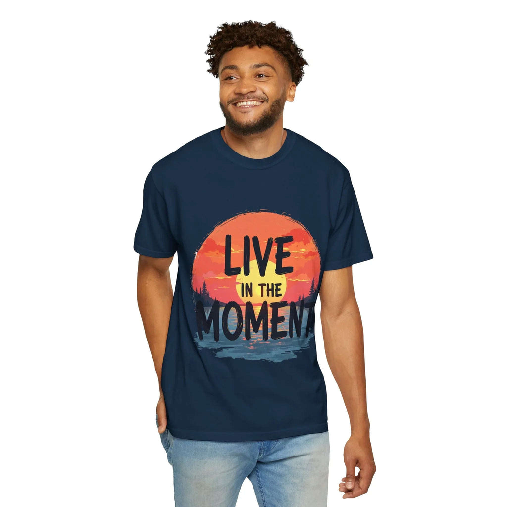 Live in the Moment Shirt, Sunset Lake Silhouette Tee, Inspirational Quote T-Shirt, Mindfulness Nature Graphic, Camping Hiking Gift