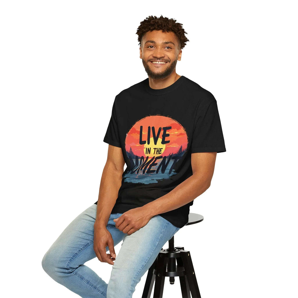 Live in the Moment Shirt, Sunset Lake Silhouette Tee, Inspirational Quote T-Shirt, Mindfulness Nature Graphic, Camping Hiking Gift