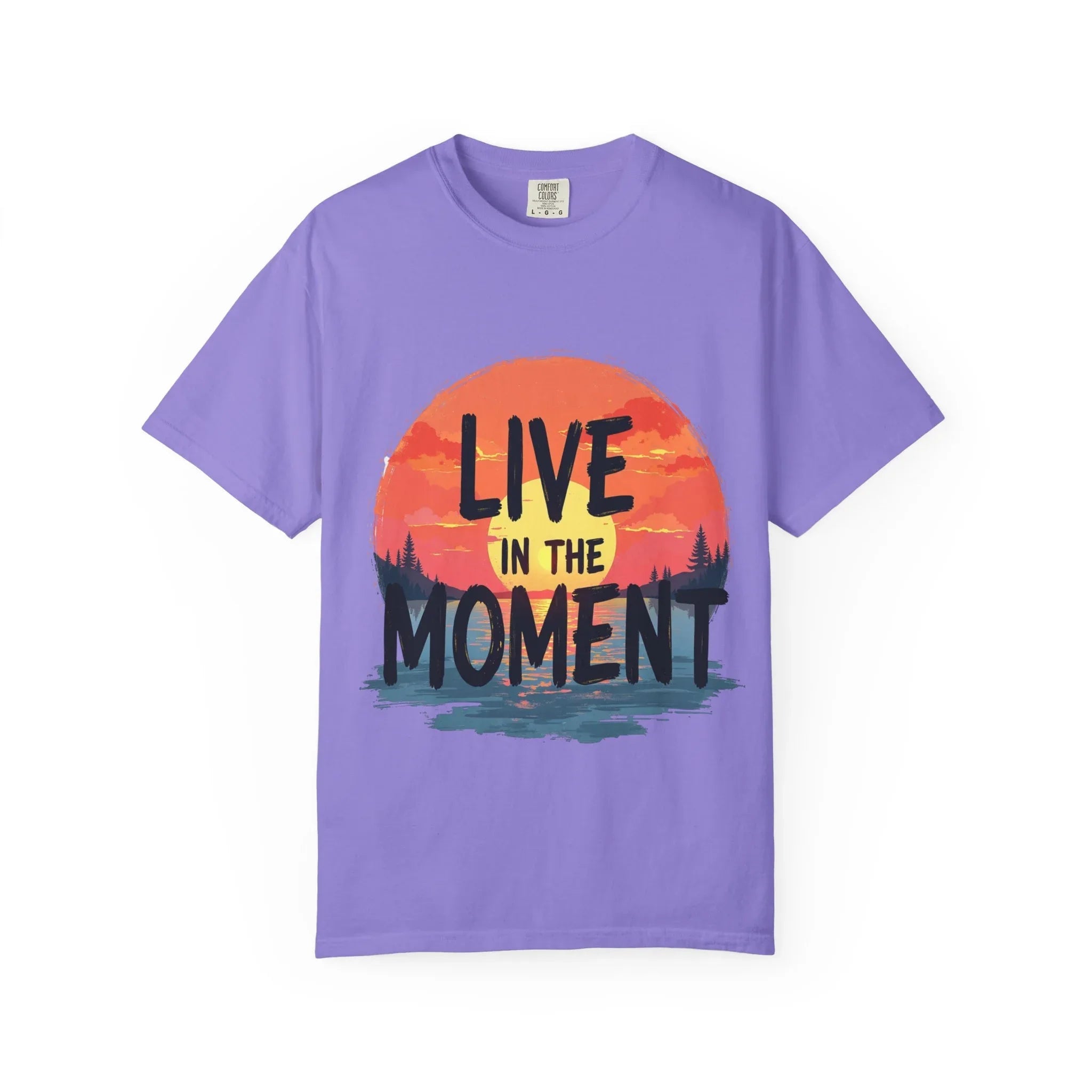 Live in the Moment Shirt, Sunset Lake Silhouette Tee, Inspirational Quote T-Shirt, Mindfulness Nature Graphic, Camping Hiking Gift Violet