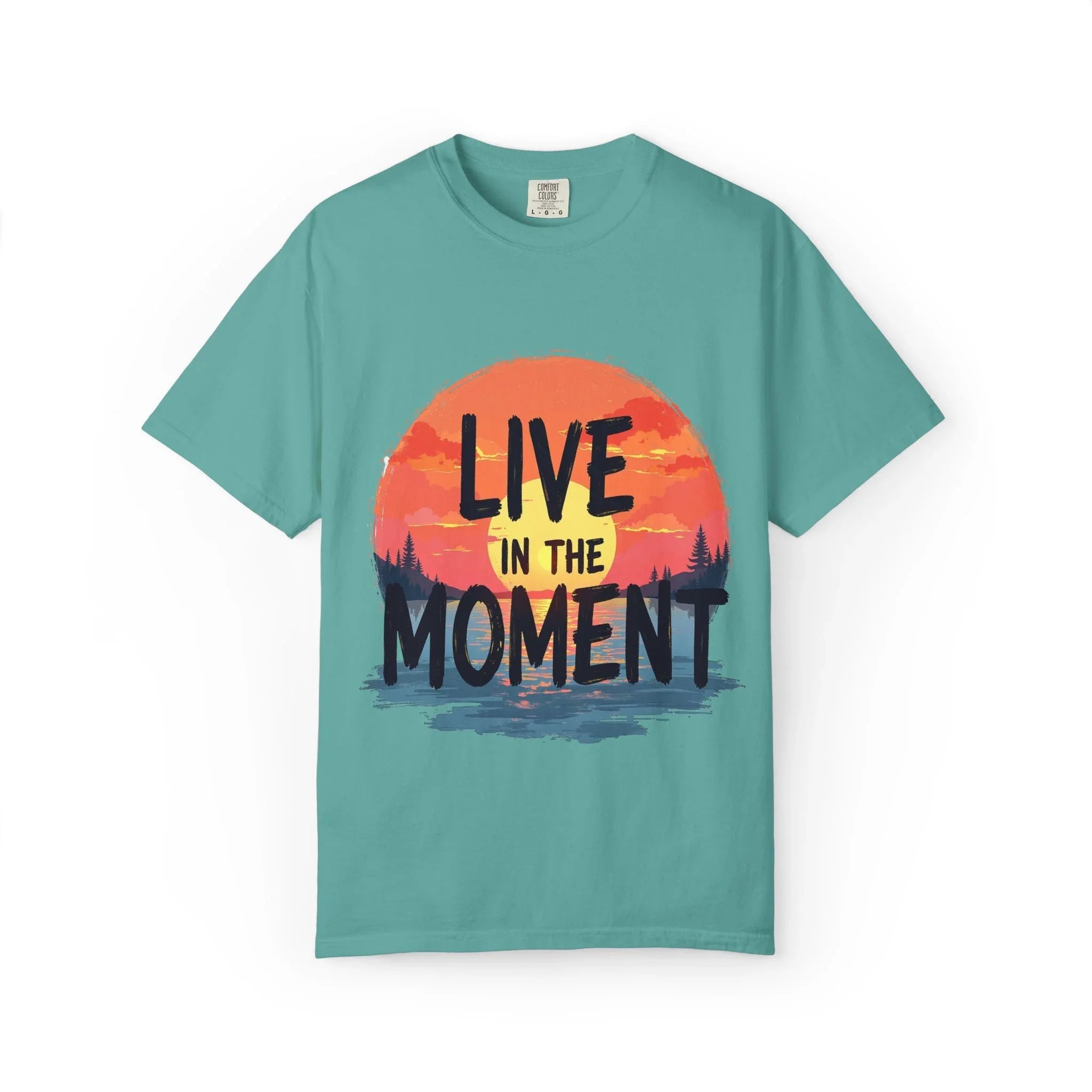 Live in the Moment Shirt, Sunset Lake Silhouette Tee, Inspirational Quote T-Shirt, Mindfulness Nature Graphic, Camping Hiking Gift Seafoam