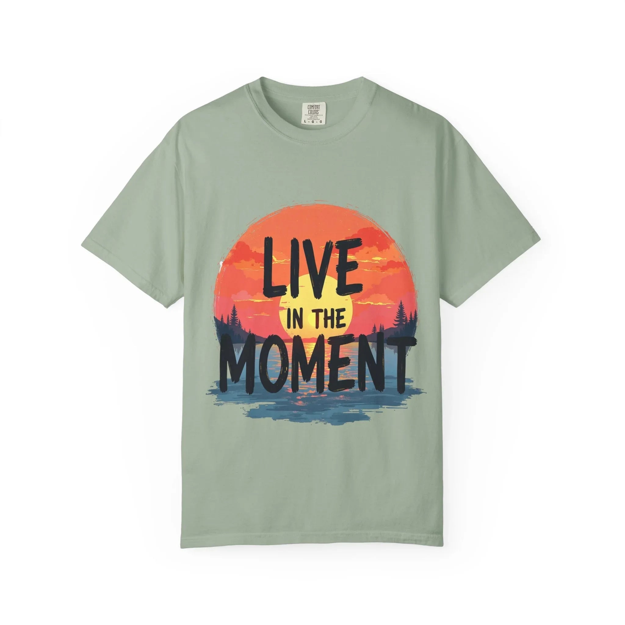 Live in the Moment Shirt, Sunset Lake Silhouette Tee, Inspirational Quote T-Shirt, Mindfulness Nature Graphic, Camping Hiking Gift Bay