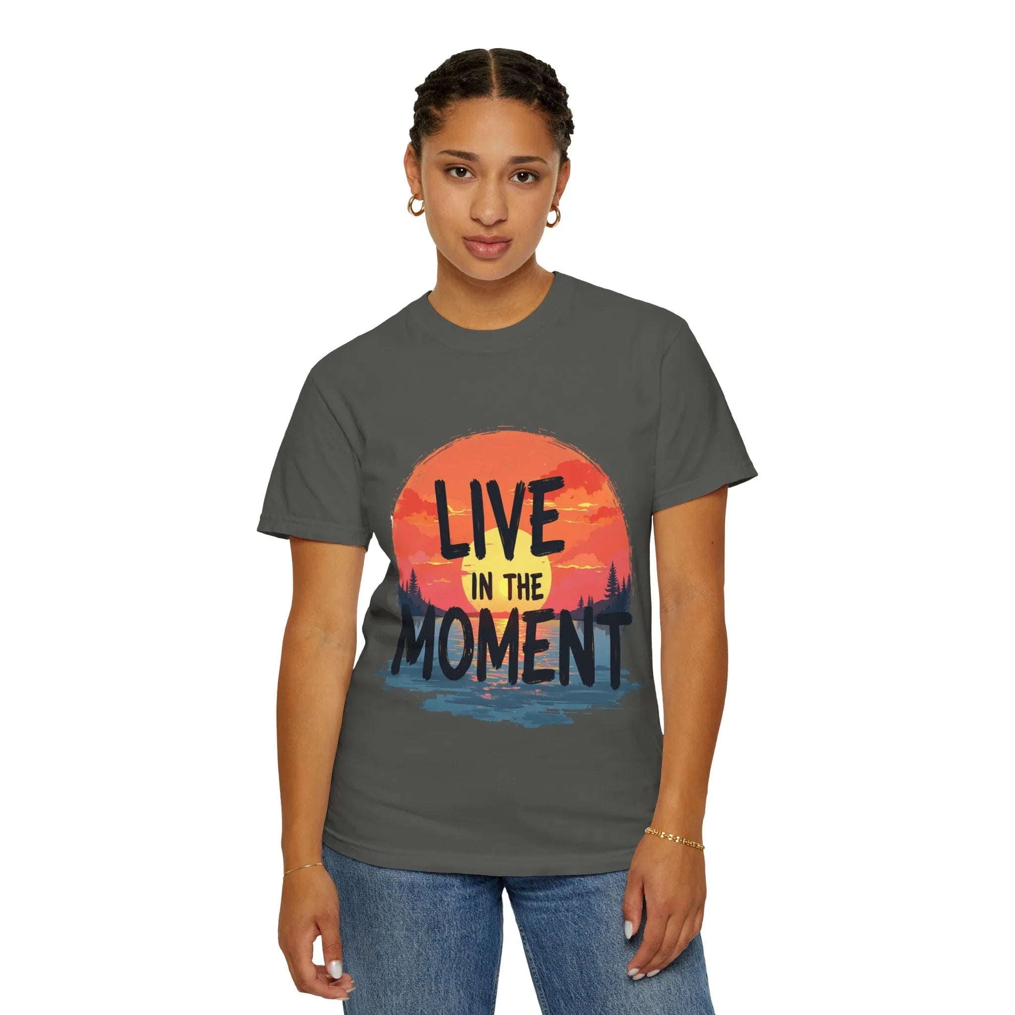 Live in the Moment Shirt, Sunset Lake Silhouette Tee, Inspirational Quote T-Shirt, Mindfulness Nature Graphic, Camping Hiking Gift
