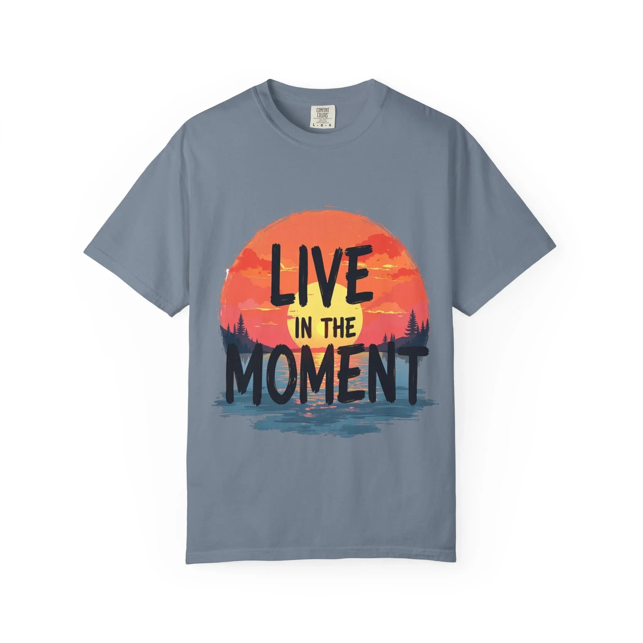 Live in the Moment Shirt, Sunset Lake Silhouette Tee, Inspirational Quote T-Shirt, Mindfulness Nature Graphic, Camping Hiking Gift Blue Jean