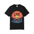 Live in the Moment Shirt, Sunset Lake Silhouette Tee, Inspirational Quote T-Shirt, Mindfulness Nature Graphic, Camping Hiking Gift Black
