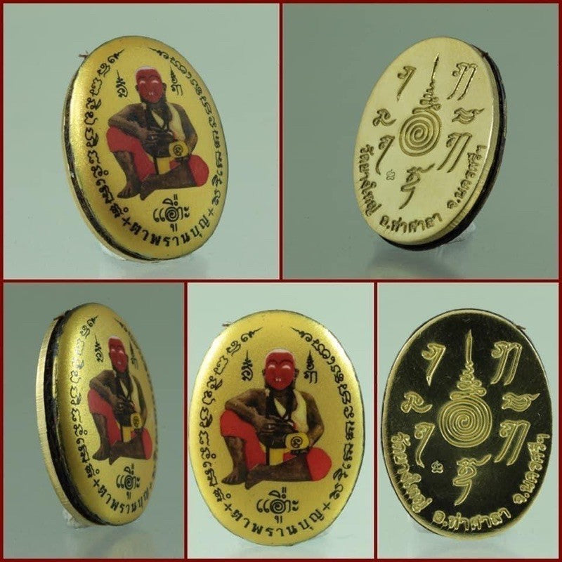 Thai Blessing Co Locket Ta Pran Boon golden back with religious symbols and figure for feng shui and spiritual use