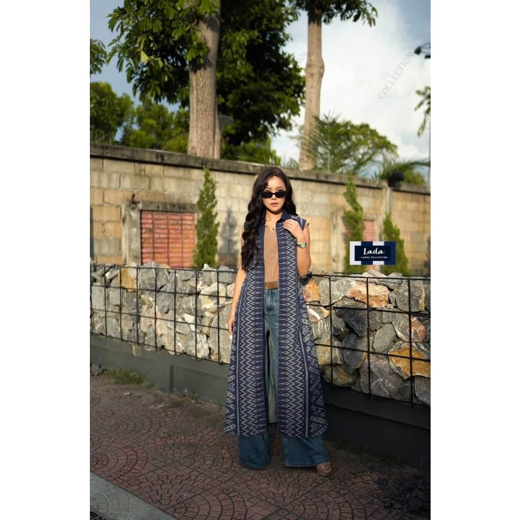 Long Fishbone Print Wrap Coat - Women's Classic Shirt Collar - Available in Sizes M & XL