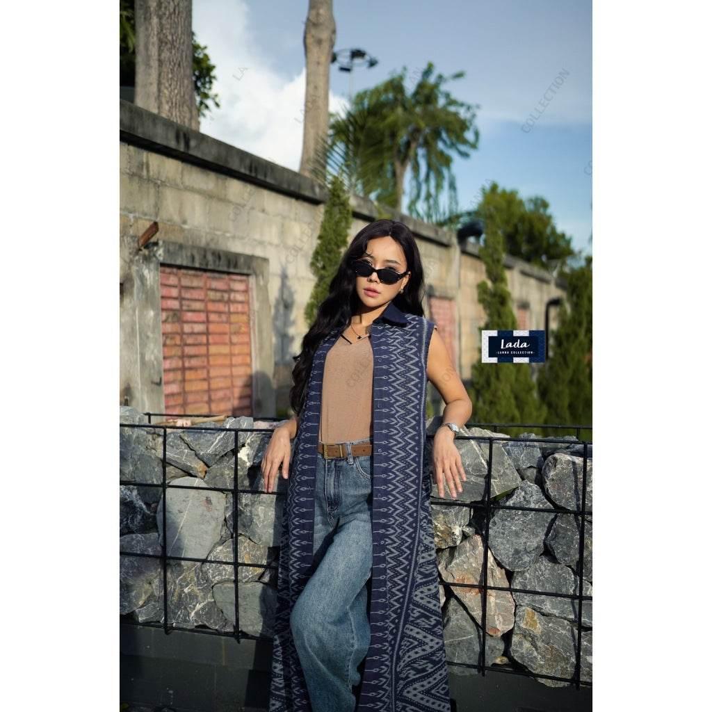 Long Fishbone Print Wrap Coat - Women's Classic Shirt Collar - Available in Sizes M & XL