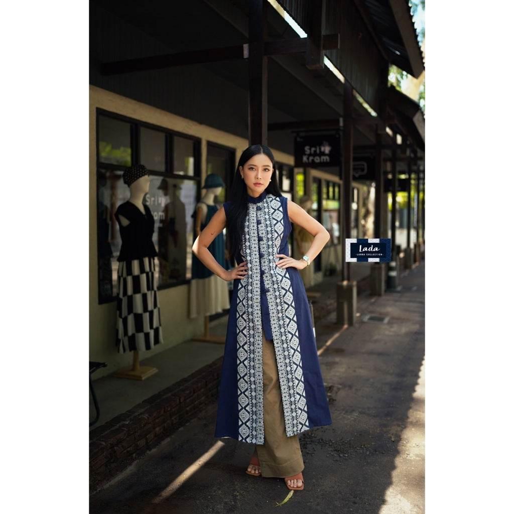 Long Navy Blue Tai Lue Coat - Handwoven Cotton Ethnic Wrap Outfit for Women in M & XL Sizes