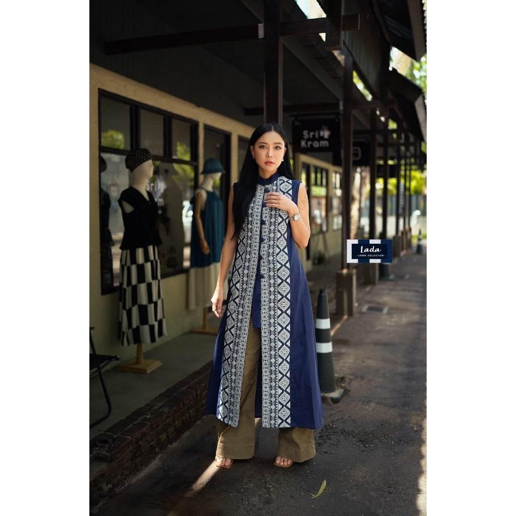 Long Navy Blue Tai Lue Coat - Handwoven Cotton Ethnic Wrap Outfit for Women in M & XL Sizes