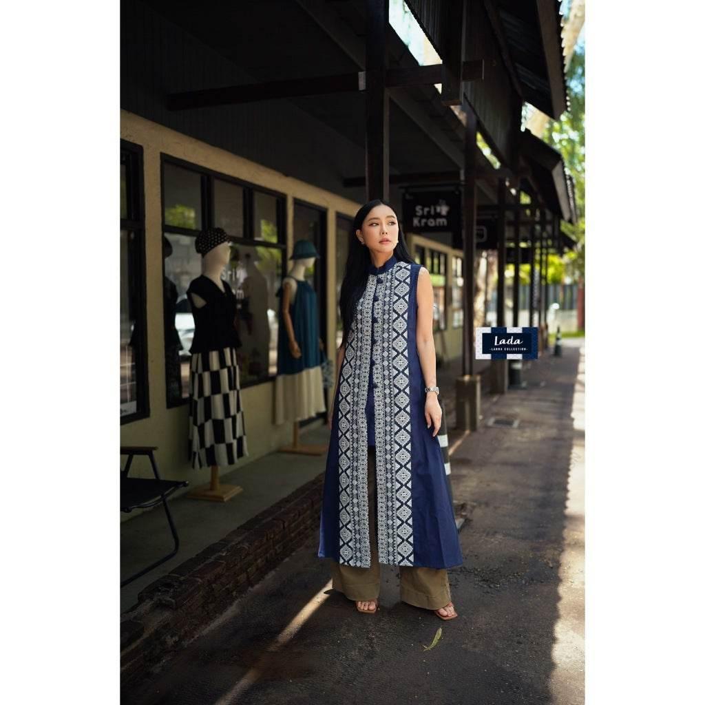 Long Navy Blue Tai Lue Coat - Handwoven Cotton Ethnic Wrap Outfit for Women in M & XL Sizes