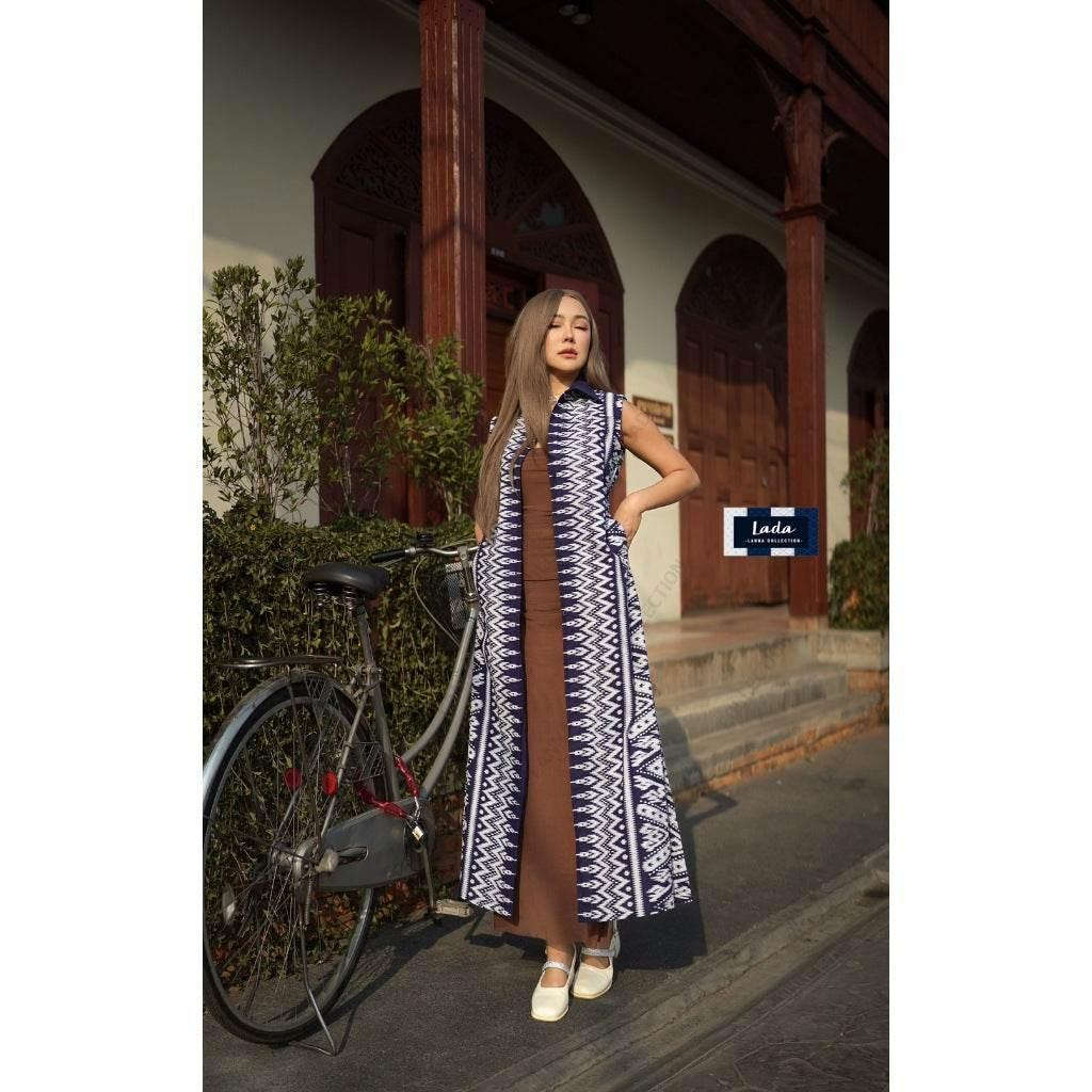 Long Sleeveless Wrap Coat with Lisa Print in Premium Cotton – Oversized Kimono Style for Women in 4 Colors กรม